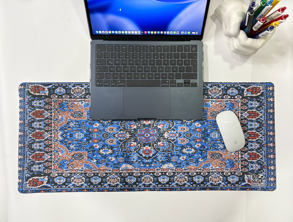 Mouse Pad, 30x70 cm, Mavi Halı Desen Baskılı, Kaymaz Taban, Bilek Destekli, Dikişsiz Kenar, Ergonomik, Ofis ve Oyuncular için (Mavi)