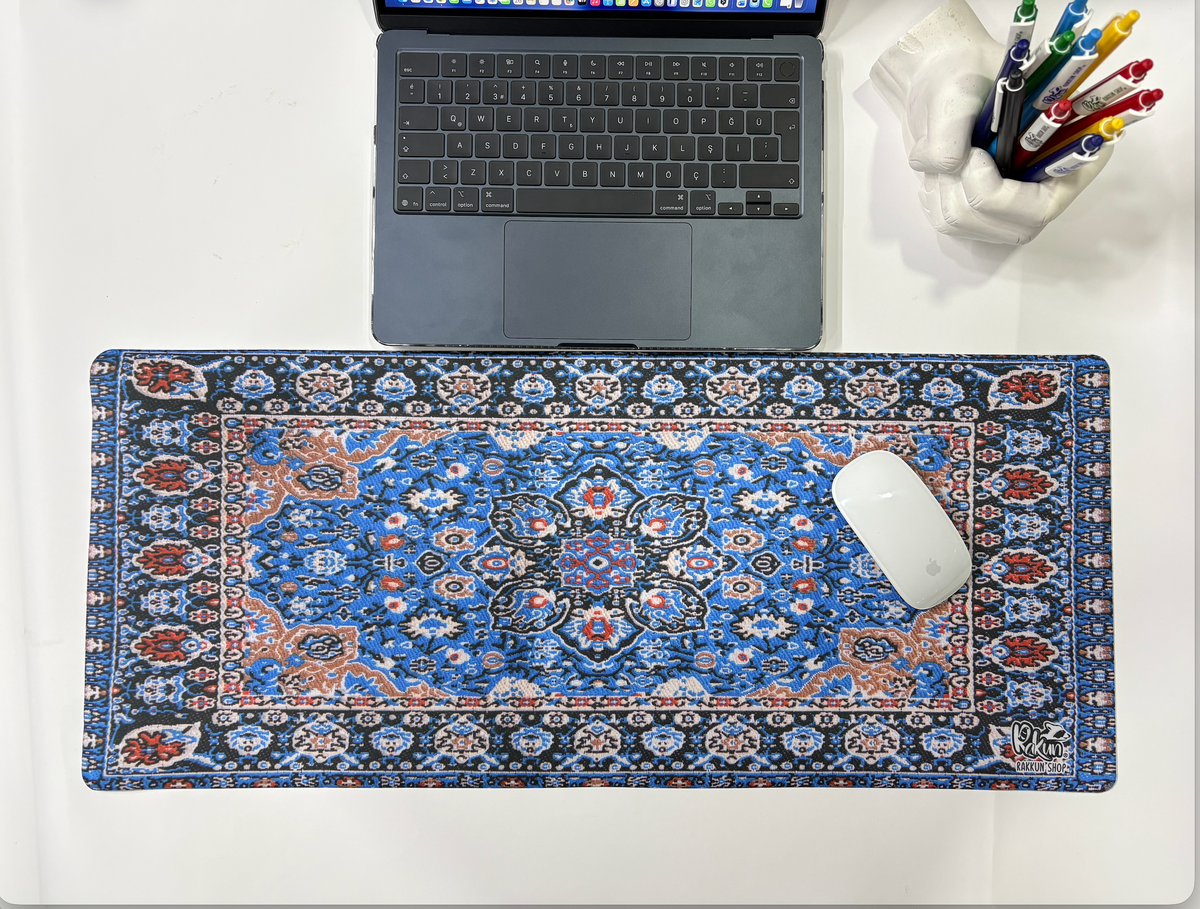 Mouse Pad, 30x70 cm, Mavi Halı Desen Baskılı, Kaymaz Taban, Bilek Destekli, Dikişsiz Kenar, Ergonomik, Ofis ve Oyuncular için (Mavi)
